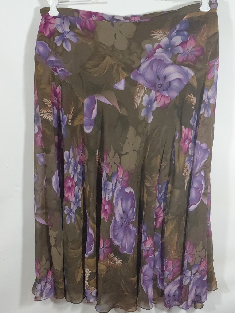 Jones New York Brown A-Line Skirt with Purple and Pink Floral Print Size 14 Zips